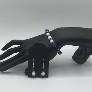 Blue Czech Glass and White Shell bead Bracelet W/Earrings